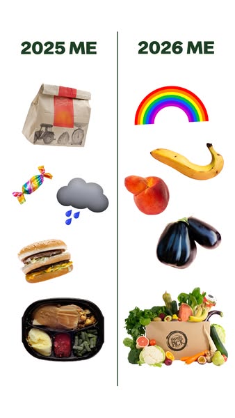 Farmers Pick Meta ad: a "2025 me" versus "2026 me" contrast between processed food and fresh produce