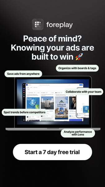 Foreplay Meta ad: "Peace of mind? Knowing your ads are built to win" -- introducing Foreplay