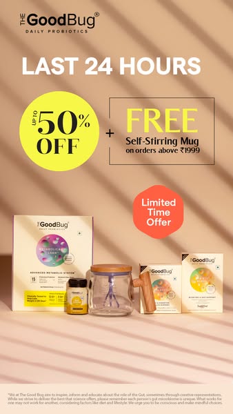 The Good Bug Meta ad: up to 50% off everything with a free self-stirring mug over INR 1,999