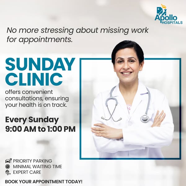Apollo Hospitals Meta ad: Healthcare Sundays -- book now, no more missing work for appointments