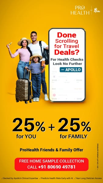 Apollo Hospitals Meta ad: "Done scrolling for travel deals? For health checks look no further" -- 25% off for you and family