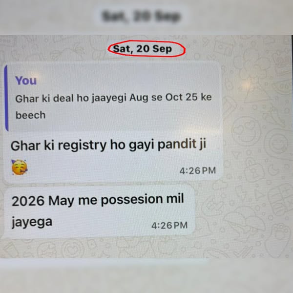 Astrotalk Meta ad: a WhatsApp screenshot where a user confirms a prediction about buying a home came true