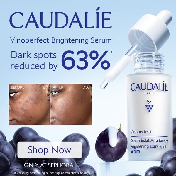 Sephora static ad for Caudalie Vinoperfect serum: "Dark spots reduced by 63%" with a before/after skin comparison