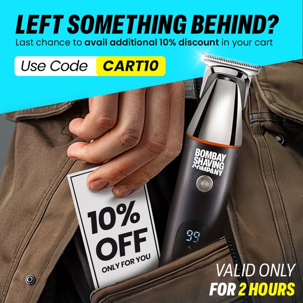Bombay Shaving Company Meta ad: "Left something behind? Last chance for 10% off in your cart"