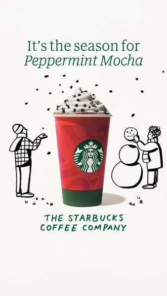 Starbucks illustrated static ad: a Peppermint Mocha cup surrounded by hand-drawn holiday illustrations
