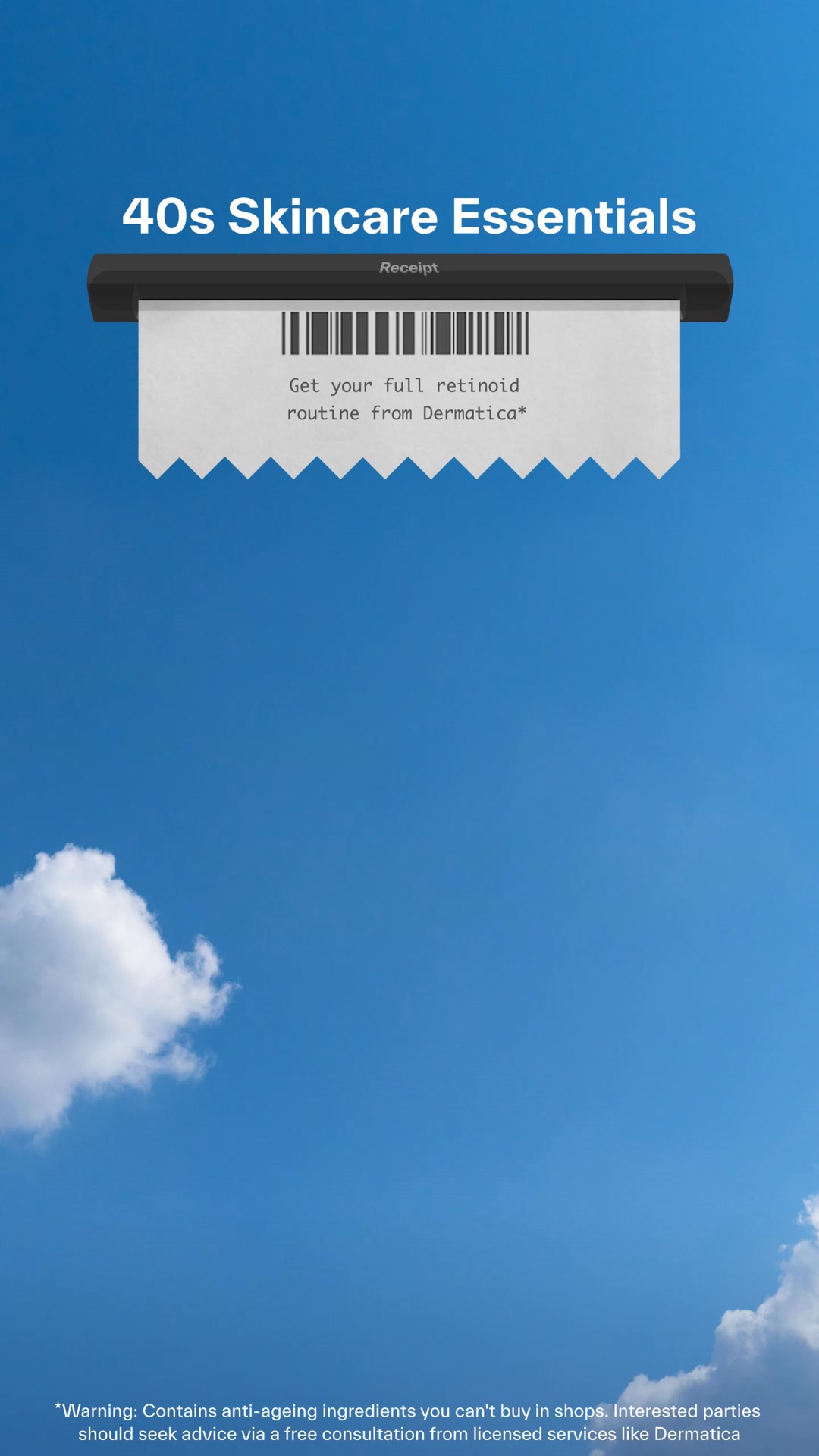 Dermatica video ad frame showing a receipt headed "40s Skincare Essentials"