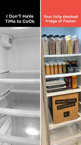 Factor before/after static ad: an empty fridge next to a fridge full of Factor meals