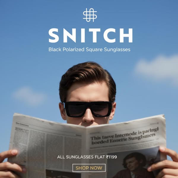 Snitch Meta ad: a clean high-contrast static of a man wearing sunglasses against a clear blue sky, with an app discount code