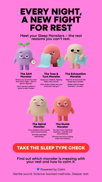 Calm image ad: "Every night, a new fight for rest" with five illustrated sleep monsters and a "Take the sleep type check" button