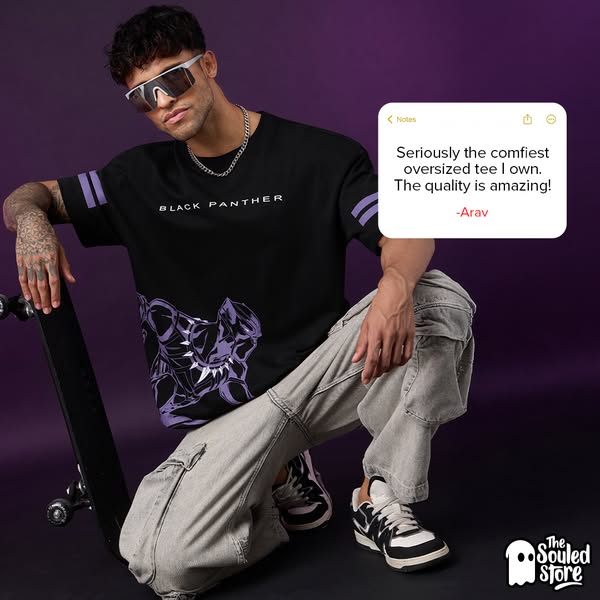 The Souled Store static ad: a customer review typed in a phone Notes app next to a model in an oversized tee