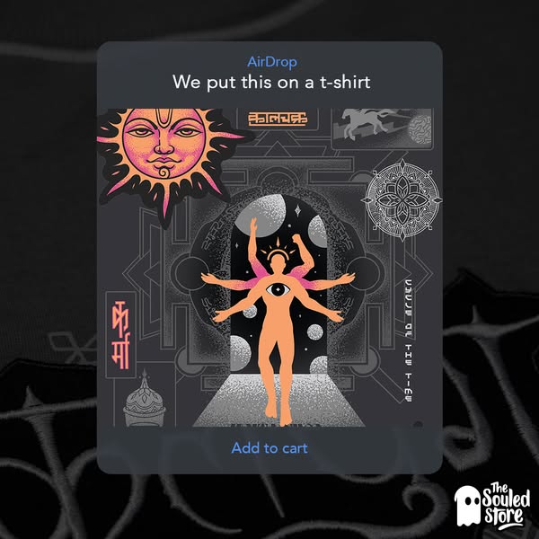 The Souled Store image ad: an AirDrop popup reading "We put this on a t-shirt" with the tee graphic and an "Add to cart" button