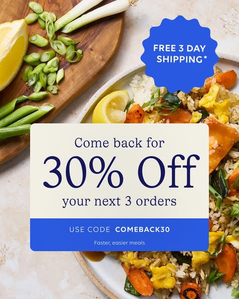 Blue Apron Meta ad: come back for 30% off your next three orders