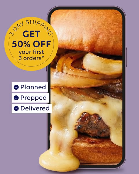 Blue Apron Meta ad: "Take 50% off your first 3 orders" with code DISCOVER50