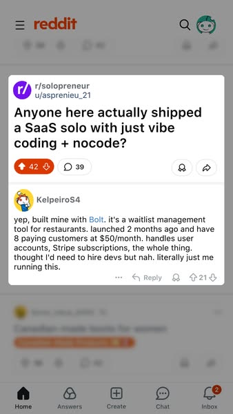 Bolt.new Meta ad: a Reddit thread asking whether it is possible to ship a SaaS product solo without traditional coding