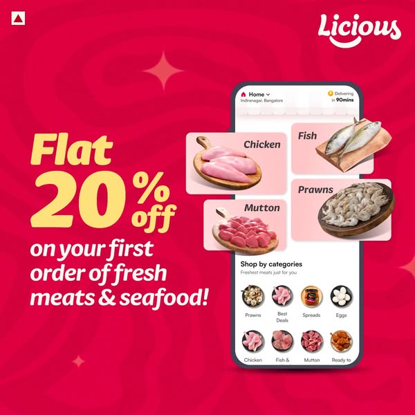 Licious Meta ad: flat 20% off plus free delivery on a first order of fresh meat and seafood