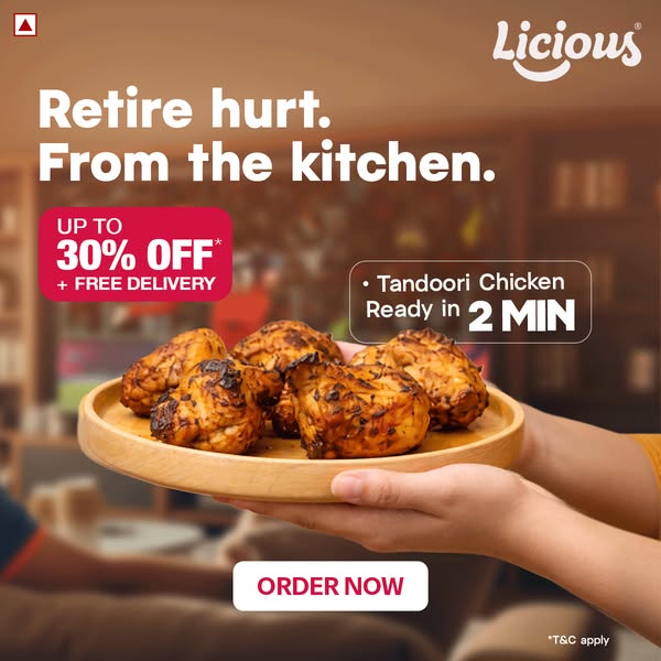 Licious Meta ad: Retire hurt. From the kitchen. Tandoori chicken ready in two minutes, aimed at match day